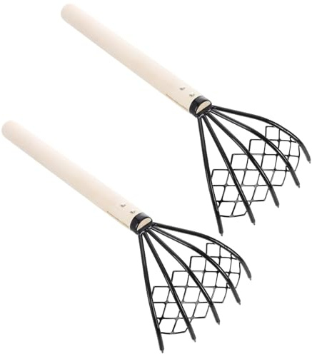 Levemolo 2 pezzi Rastrello Mano con Manico in Legno per Spiaggia Denti per Scavo Telline e Vongole Strumento Ergonomico per Allentare Terreno e Raccogliere Frutti di Mare