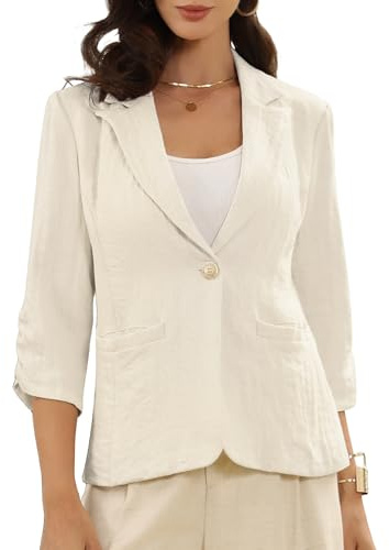 Allegra K Blazer in Lino da Donna con Revers a Lancia Un Bottone Maniche a 3/4 Casual da Lavoro Beige XL
