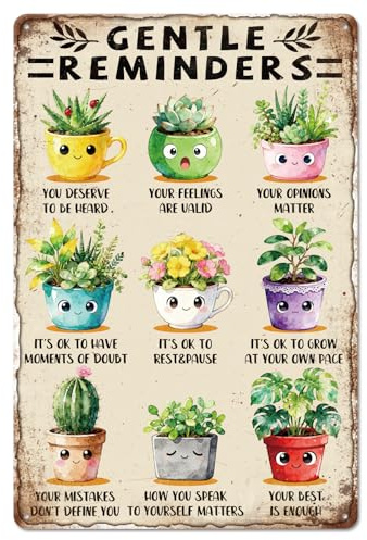 GLOBLELAND Vintage Cute Potted Plants Metal Tin Sign 12x8 inch Funny Gentle Reminders Succulent Tin Signs Decor Retro Bohemian style Metal Wall Plaque for Home Room Farmhouse Cafe Store Garden Decor