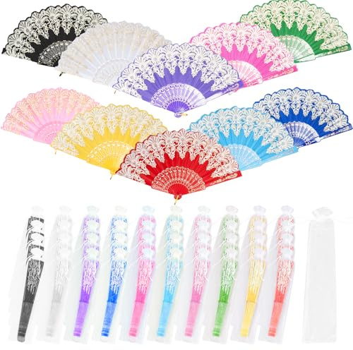 50 Pcs Spanish Handheld Fans with Organza Bag, Folding Hand Fans Decoration | Vintage Decorative Hand Fan for Wedding Dancing Party Women Cosplay Gift , 10 Colour