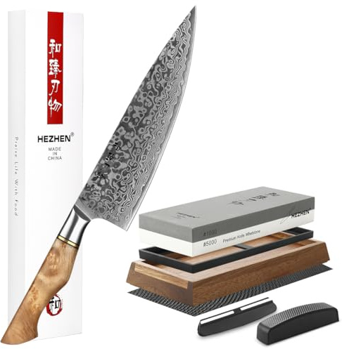 HEZHEN cuchillo de Chef profesional de acero de Damasco con Piedra de Afilar Profesional Afilador de Cuchillos