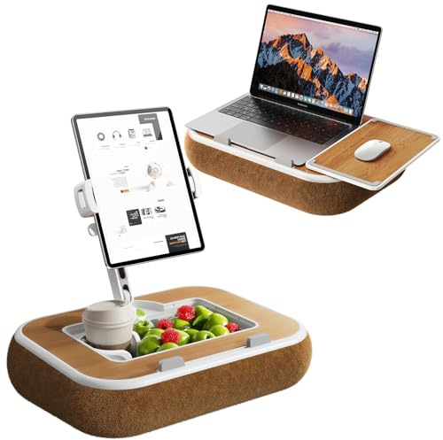 Tablet Kindle Pillow Stand & Laptop Stands,360° Rotating Adjustable iPad Phone Holder with Snack Bowl,Laptop Lap Desk Tablet Cushion Reading for 4.7-15 i Pad/Kindle/Phone/Laptop in Bed,Sofa(Wood)