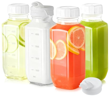 Ausune 4 Pack 16 Oz Heavy-Duty Glass Juice Bottles with Airtight Screw Lids & Pour Spout - Reusable Square Drinking Jars with Capacity Mark, Ideal for Milk, Juice, Breast Milk Storage