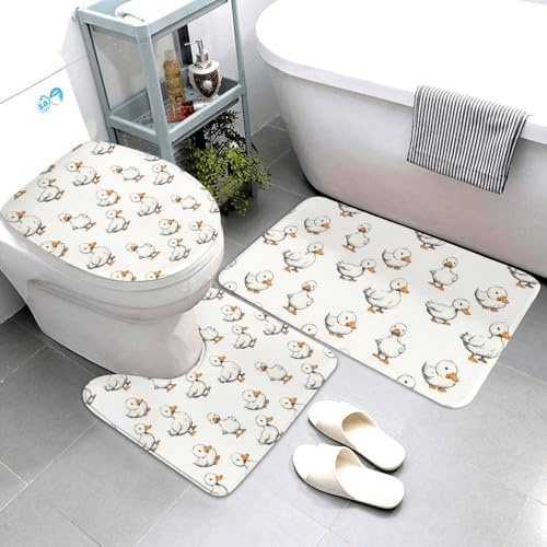 Nevjipu Set di 3 tappeti da bagno con stampa di anatre, assorbenti, antiscivolo, lavabili, a forma di U, morbidi tappetini da doccia per WC e vasca da bagno