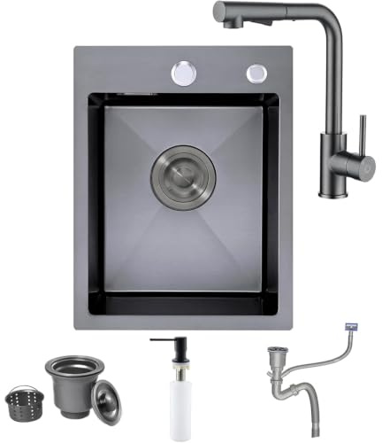 Fregadero BoomHoze 35x45cm Acero Inoxidable Antracita Empotrable Extensible | Fregadero De Cocina Pequeño Cuadrado Empotrable Para Armario Bajo, Juego Completo Con Grifo Extensible