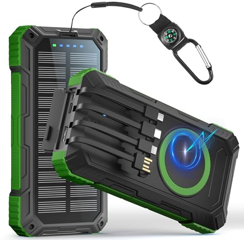 56800mAh Power Bank PD30W Solar Powerbank Wireless Charging Externer Akku | USB C Ladegerät mit 4 Kabeln Schnellladung 6 Ausgänge 3 Eingänge,Powerbank Solar Outdoor mit Camping LED Lampe Kompass