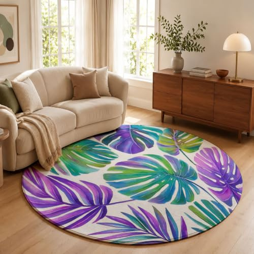 ZISTRCBAO Tappeti Stile Acquerello Sognante Rotondi 120cm | Monstera Deliziosa Foglie Di Palma, Tappeto per Divano, Antiscivolo Tappeto a Pelo Corto per Soggiorno,, Viola