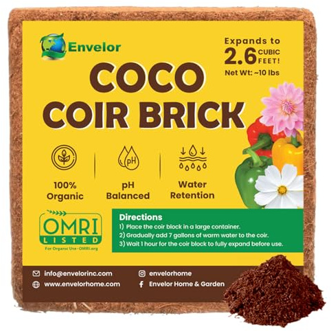 Envelor Organic Coco Coir Brick 10 Lbs. Coir Block Coconut Fiber Growing Medium Potting Soil Mix Coco Peat Media Coir Pith Indoor Outdoor Planters Vegetable Garden Beds