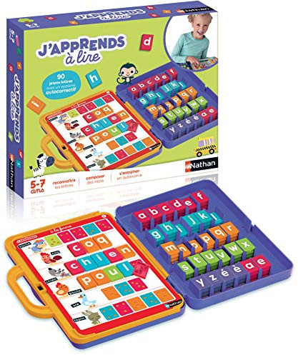 Nathan - J'apprends à Lire - Jeux de Société Educatif - Apprendre à Lire - Système Autocorrectif - Reconnaitre Les Lettres - 90 Jetons 15 Planches illustrées - Malette Transportable - Enfants 5 Ans