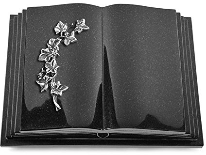 MEMORUM Grabmale Grabbuch, Grabplatte, Grabstein, Grabkissen, Urnengrabstein, Liegegrabstein Modell Livre Pagina 40 x 30 x 8-9 cm Indisch-Black-Granit, poliert inkl. Gravur (Aluminium-Ornament Efeu)