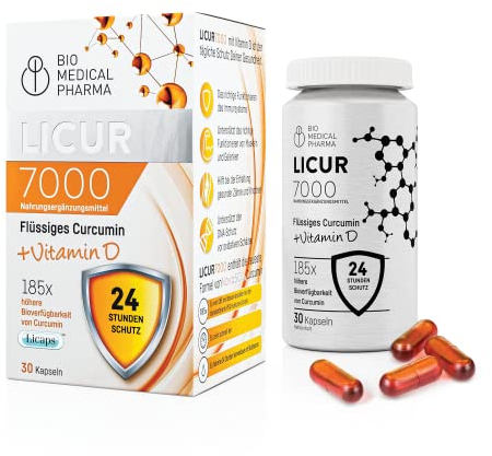 Kurkuma Kapseln mit Vitamin D3 – 185x Höhere Bioverfügbarkeit – Hochdosiertes Mizellen Curcumin – 1 Kapsel Täglich – Entspricht 6.600 mg Kurkuma Pulver – Licur 7000 mit Vitamin D (Monatspack)