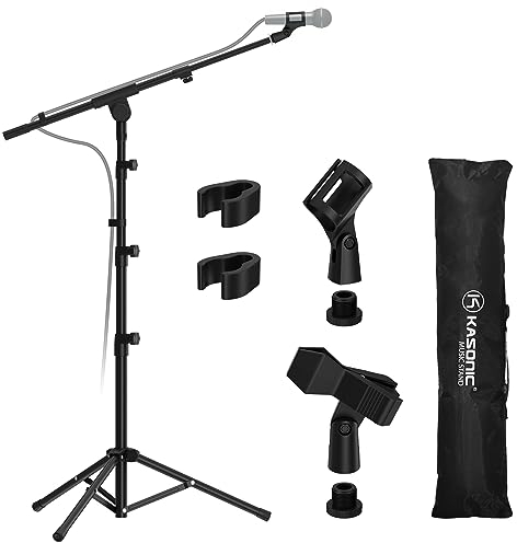 K Kasonic Mikrofonständer, Schwerer Verstellbarer Zusammenklappbarer Dreibeinstativ-Boom-Mikrofonständer mit 2 Mikrofonklammern für Auftritte, Mikrofon-Bodenständer zum Singen, Aktivitäten im Freien