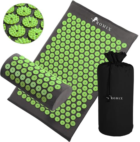 ROMIX Acupressure Mat and Pillow Set, Acupuncture Mat for Back Pain, Neck, Shoulder Pain Relief, Stress Reduction, Wellness Therapy, Cushioned Acupressure Mats with Carry Bag for Men and Women (Green)