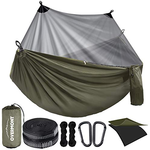 Overmont Dubbla lager campinghängmatta tysk TUV-certifierad bärbar utomhushängmatta lätt för backpacking vandring sport resor med trädremmar gRÖN 270x140cm