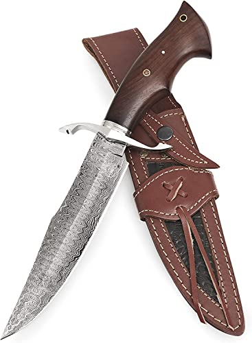 BIGCAT ROAR Cowboy - Cuchillo Caza Grande Acero Damasco Artesano 30,5 cm - Mango Madera de Nogal y Funda Cuero - EDC Bushcraft, Monte, Campo y Supervivencia - Regalo Hombres, Cazadores Coleccionistas