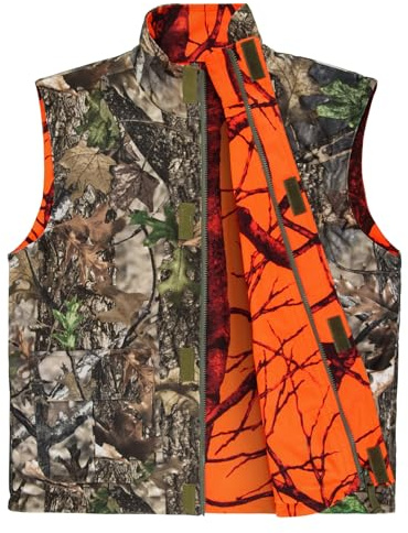 GUGULUZA Men's Reversible Soft Gilet Hunting Safty Vest With 5 Pockets | Orange + Green Camo Bodywarmer, Silent and Lightweight Outerwear Vest