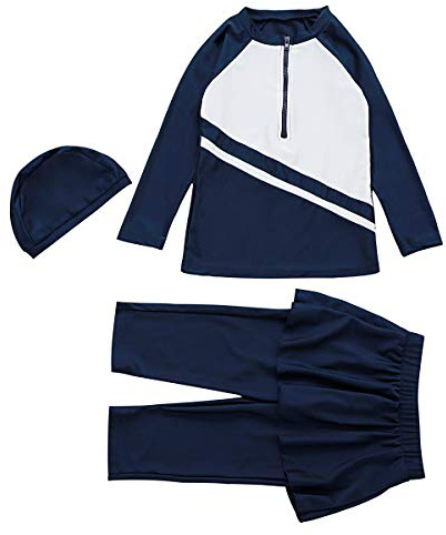 WOWDECOR Modest Swimsuits for Kids Girls, Muslim Long Sleeve Shorts Swimwear with Swim Skirt Set (Navy Blue, 150)