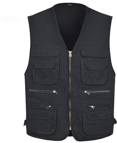 Oralidera Herren Weste Outdoor Wandern Anglerweste Fotografie Freizeitweste Sport Weste Baumwolle Safari Weste mit Vielen Taschen für Jagd Angeln Camping, Schwarz, 3XL