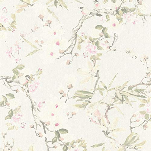 Ppaier peint vintage fleur & oiseaux | Tapisserie beige fleurie salon & salle à manger | Papier peint intissé clair chambre adulte