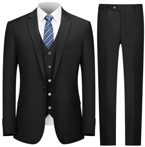 Cooper & Nelson Men's Suit Slim Fit, 3 Piece Suits for Men, One Button Jacket Vest Pants with Tie, Tuxedo Set Black S