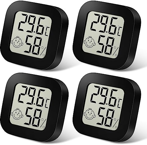 Ainiv 4 st digital hygrometertermometer för inomhusbruk, minirumstermometer med LCD-skärm och ansiktsikoner, mätare med indikator för temperatur och fuktighet för sovrum, babyrum, lager, källare, bil
