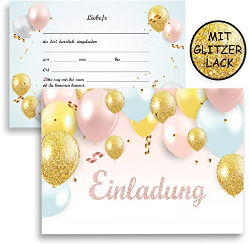 10x Kinder Glitzer Einladungskarten Einladung Kindergeburtstag Mädchen Luftballon Geburtstag Taufe Einschulung Rosa Hellblau 10x15 cm Party Kinder 1 2 3 4 5 6 7 8 9 10