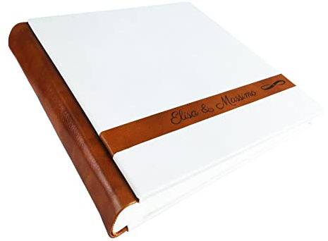 TriVin Art Álbum de fotos artesanal - Marte - de piel sintética, con inserción de cuero auténtico, personalizable con grabado. Ideal para cualquier evento (blanco/piel miel)