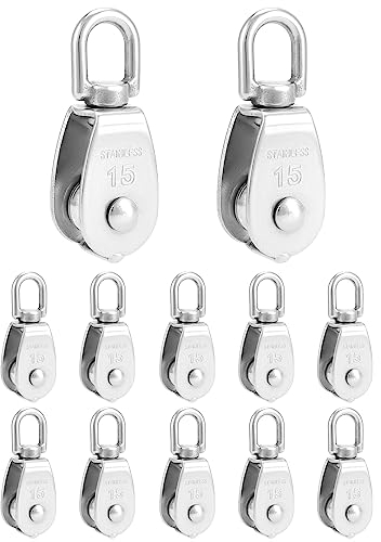 QWORK® 12 Stück M15 Umlenkrolle, 304 Edelstah Seilrollen für Drahtseile Seile Bis 6 mm Durchmesser, Tragkraft 35kg