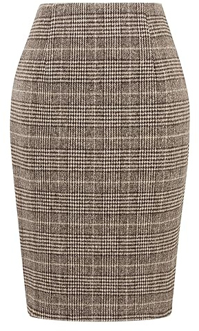 IDEALSANXUN Jupes midi à Carreaux pour Femmes 2023 Automne Hiver Longueur Genou Jupe Crayon en Laine avec Fente, Café Grille, Taille XL