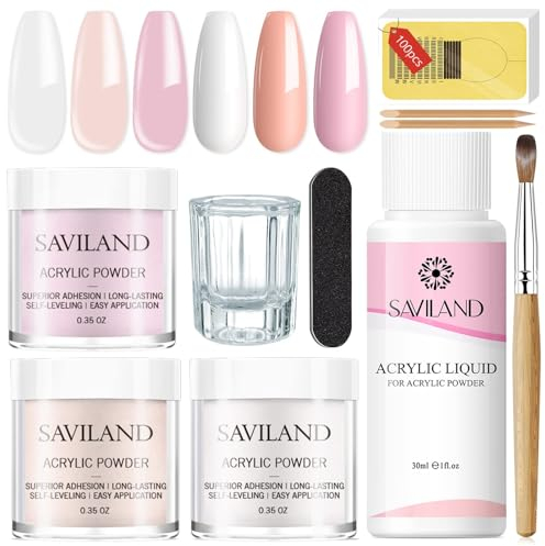 Saviland Acryl Nagelset, 3 Farben Rosa Nudes Weiß Acrylpulver für Nägel Professionelle Flüssigkeitsset Acrylnagelbürsten Nagelformen für Anfänger und Nagelexperten