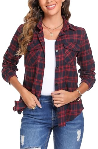Irevial Camicia a Quadri Donna Cotone Shirts Casual Manica Lunghe Elegante Bluse a Bottoni Ragazza