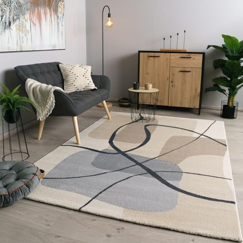 TT Home Tappeto Da Salotto A Pelo Corto Moderno Morbido Peluche Design Astratto Ottica, Colore:Grigio Crema, Dimensione:160x230 cm