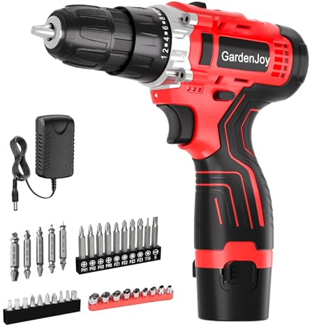 GardenJoy Cordless Power Drill Set: 12V Electric Drill with Battery and Charger, 34pcs Acessories, 3/8Keyless Chuck, 2 Variable Speed, 24+1 Position, Compact Drill Driver Kit for Home & DIY Project