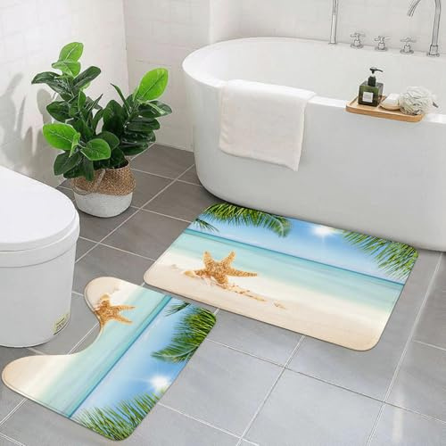 EYLOZS Badezimmerteppich Set 2 Teilig Waschbar rutschfeste Badematte Toilettenmatte Weich Saugfähige Badteppiche,Ozean, Grafik eines sommerlichen Sandstrandes mit majestätischen Seesternen auf tropis