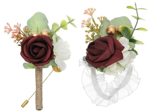 PATIKIL Rose Flower Wrist Corsage and Boutonnieres Set, Artificial Rose Bridesmaid Wrist Corsage Boutonnieres Bride Corsage with Pin for Wedding Party Ceremony, Burgundy