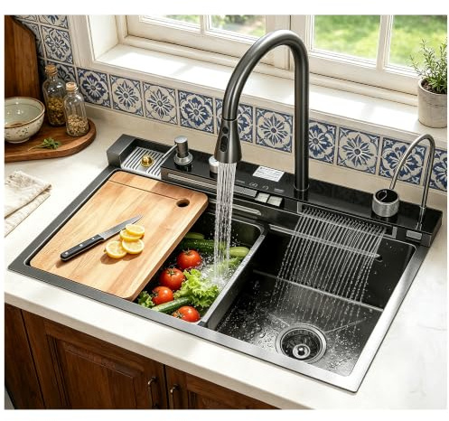 ATHOMASM Edelstahl Küchenspüle 68x46cm mit Temperaturanzeige, Nano-Beschichtung, Doppel-Wasserfall & Arbeitsplatte – Einzelbecken 1 Becken mit Ausziehbaren Wasserhahn