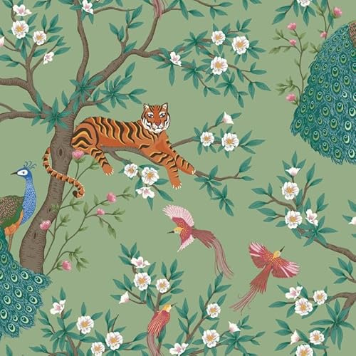 WPE® Chinoiserie Wallpaper on Green Background – Tigers, Peacocks, Birds, Flowers & Leaves – Exotic Oriental Design for Feature Walls, Bedrooms & Living Rooms – Elegant & Durable Wall Decor