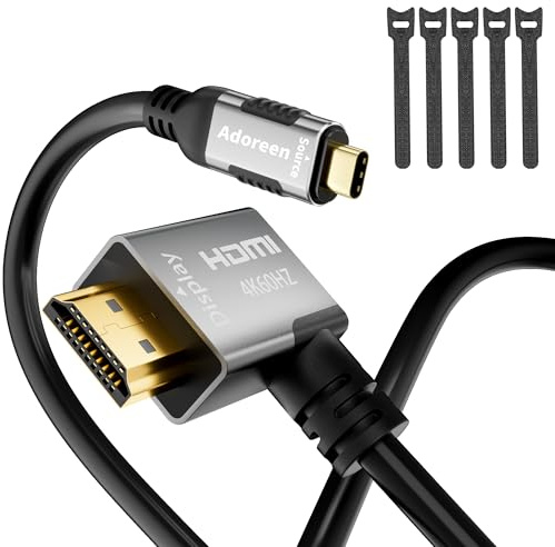Adoreen Câble HDMI 4K@60Hz à angle droit de 90 degrés USB C vers HDMI 2,7 m, adaptateur fin et mince Type C 3.1 vers HDMI 2.0 Thunderbolt 3/4 pour MacBook, iPhone 16/15, iPad, Galaxy, Surface, écran