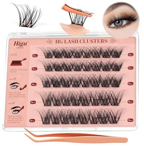 Higu clace Selbstklebende Wimpern,40pcs D Curl vorgeklebte Wimpern Set, Wimpernpinzette, kein Kleber und Entferner erforderlich, DIY falsche Wimpernbüschel zum Aufdrücken (Volume 10-16mm)
