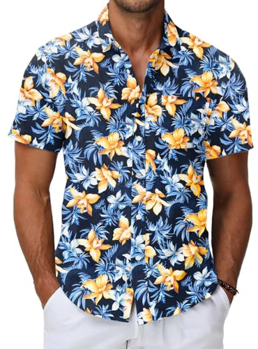 HMIYA Herren Hawaii Hemd Männer 100% Baumwolle Unisex Kurzarm Vordertasche Button Down Sommer Freizeit Urlaub Strand