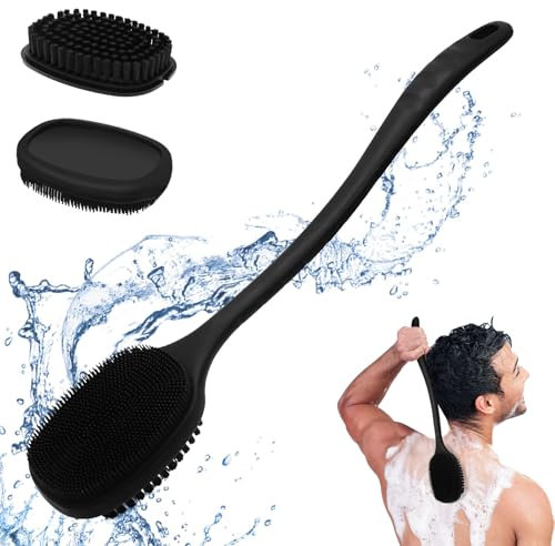 MOWUVAI Silicone Body Scrubber for Shower, Double Sided Shower Brush with Long Handle, Soft Silicone Bath Body Brush, Black, Gentle Exfoliation, Deep Cleansing, Massaging