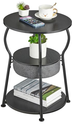 ZEXVIDA Runder Beistelltisch Vintage, 3-stufiger Industrieller Runder Beistelltisch mit Stauraum, Nachttisch Kleiner Tisch Sofatisch für Wohnzimmer Schlafzimmer Balkon (Tintenschwarz, 40W*55H)