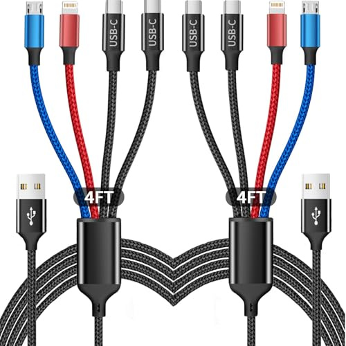 OURWORTL Multi Charging Cable(2Pack 4FT)，4 in 1 Charger Cable Nylon Braided | Multiple USB Cable Universal Phone Charging Cord with Type-C, Micro USB, IP Port for iPhone17/15 Series/Cell Phones and More