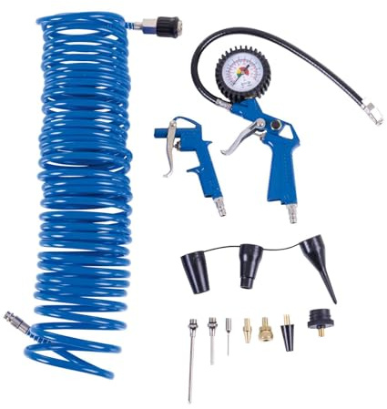Scheppach Kompressor Zubehör Set 14 teilig | 10m Spiralschlauch | Reifenfüllmessgerät mit gummiertem | Blaspistole | 11 x verschiedene Zubehörteile (Düsen etc.) | Druckluftzubehör