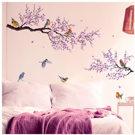 LynixTrade 2Pcs Purple Peach Blossom Tree Wall Stickers, Flower Branch Birds Wall Decals, Bedroom Living Room Bathroom Kitchen Sofa TV Background Wall Decor