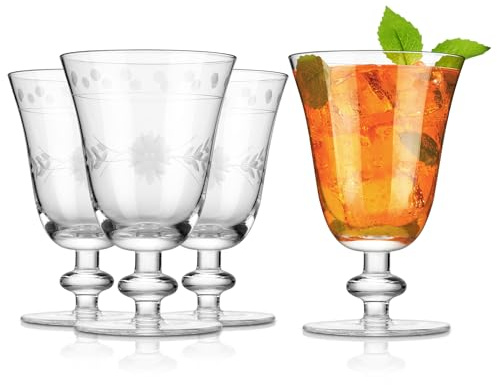 Royalrose Premium 10 oz Delight Vintage Wine Glasses Set of 4 – Hand-Blown with Etched Stem, Classic Glassware for Weddings, Dinners, and Holiday Gifting (Vintage Goblets)