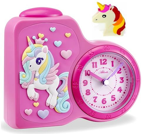 Atlanta Einhorn Kinderwecker ohne Ticken für Mädchen Rosa + Radiergummi - 2145/17 Rad