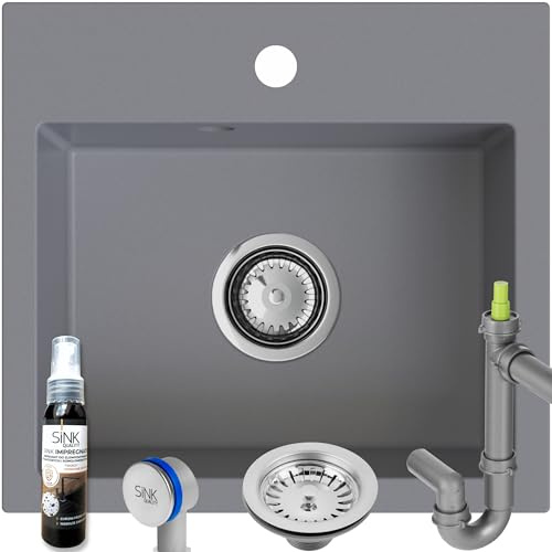 SINK Quality Évier de cuisine gris 45 × 42 cm - avec siphon et imprégnation - pour meuble bas à partir de 45 cm - Évier de cuisine 1 bac gris sans égouttoir