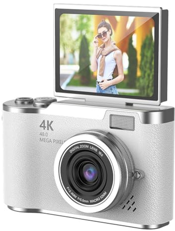 Fangxuee 4K CCD 8X Digital Zoom Camera da Zoom Fotocamera Zoom Digitale per Studente Fotografia Digitale Compatta Fotografia 180 Flip Screen Telecamera Bianca