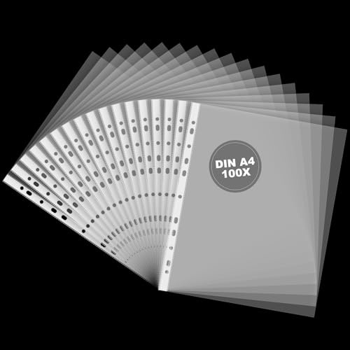 Klarsichthüllen A4 Glasklar, 100 Stück Transparent Prospekthüllen, 600 my Klarsichthüllen mit 11 Loch, klarsichtfolien zur Aufbewahrung von Dokumenten, Fotos, Papieren & Broschüren (100)